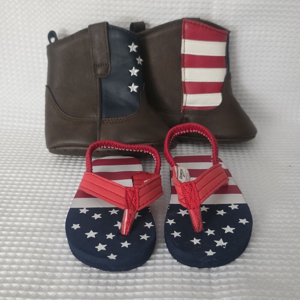 Rising Star Brown Faux Leather Stars & Stripes Flag Boots Booties 6-9m + Sandals